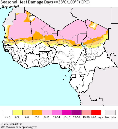 Western Africa Seasonal Heat Damage Days >=38°C/100°F (CPC) Thematic Map For 7/1/2023 - 7/10/2023