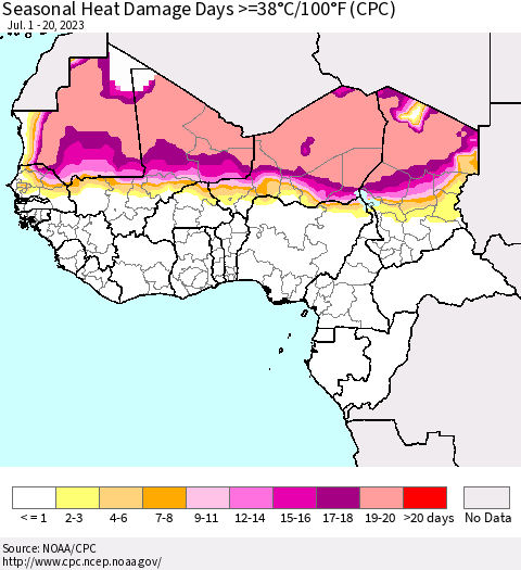 Western Africa Seasonal Heat Damage Days >=38°C/100°F (CPC) Thematic Map For 7/1/2023 - 7/20/2023