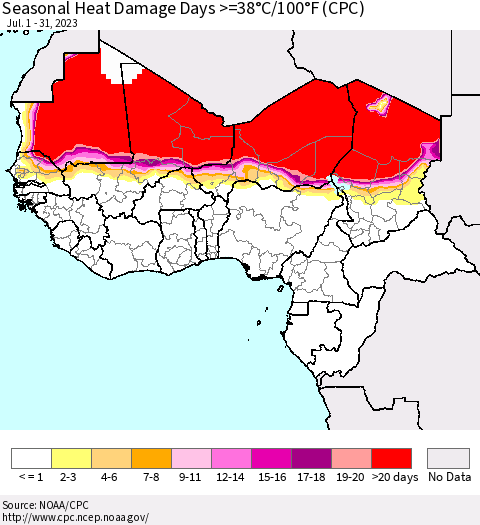 Western Africa Seasonal Heat Damage Days >=38°C/100°F (CPC) Thematic Map For 7/1/2023 - 7/31/2023