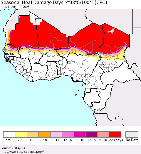 Western Africa Seasonal Heat Damage Days >=38°C/100°F (CPC) Thematic Map For 7/1/2023 - 8/10/2023