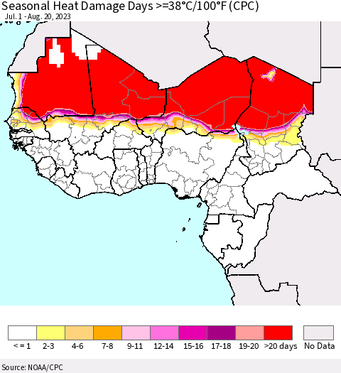 Western Africa Seasonal Heat Damage Days >=38°C/100°F (CPC) Thematic Map For 7/1/2023 - 8/20/2023