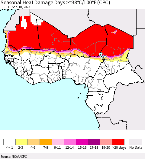 Western Africa Seasonal Heat Damage Days >=38°C/100°F (CPC) Thematic Map For 7/1/2023 - 9/10/2023