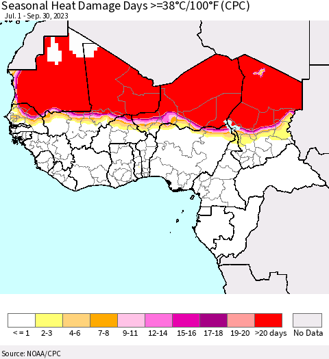 Western Africa Seasonal Heat Damage Days >=38°C/100°F (CPC) Thematic Map For 7/1/2023 - 9/30/2023