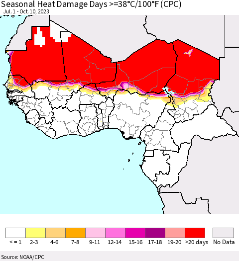 Western Africa Seasonal Heat Damage Days >=38°C/100°F (CPC) Thematic Map For 7/1/2023 - 10/10/2023