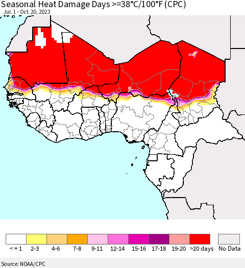 Western Africa Seasonal Heat Damage Days >=38°C/100°F (CPC) Thematic Map For 7/1/2023 - 10/20/2023