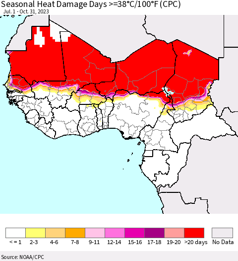 Western Africa Seasonal Heat Damage Days >=38°C/100°F (CPC) Thematic Map For 7/1/2023 - 10/31/2023