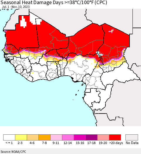Western Africa Seasonal Heat Damage Days >=38°C/100°F (CPC) Thematic Map For 7/1/2023 - 11/10/2023