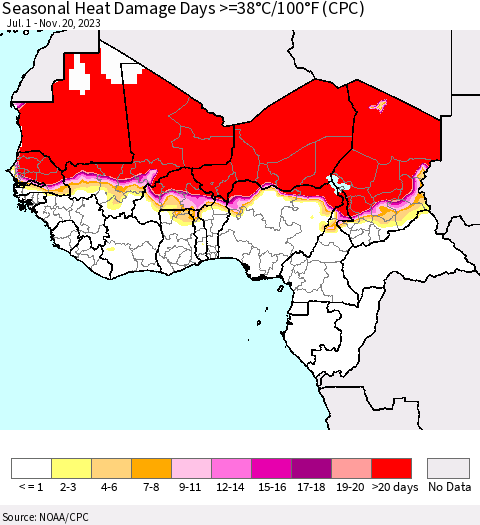 Western Africa Seasonal Heat Damage Days >=38°C/100°F (CPC) Thematic Map For 7/1/2023 - 11/20/2023