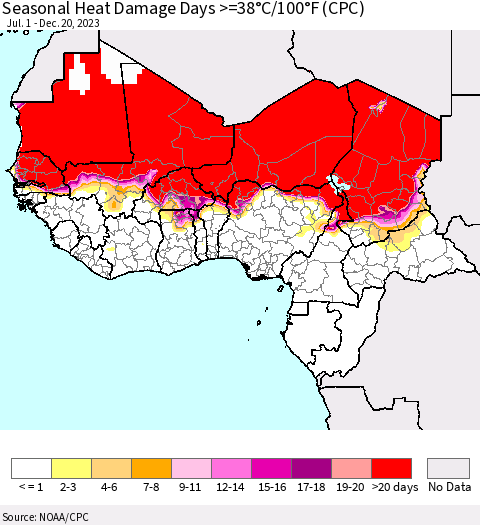 Western Africa Seasonal Heat Damage Days >=38°C/100°F (CPC) Thematic Map For 7/1/2023 - 12/20/2023