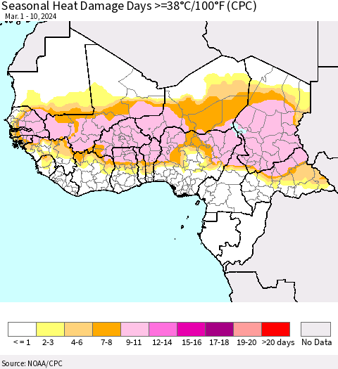 Western Africa Seasonal Heat Damage Days >=38°C/100°F (CPC) Thematic Map For 3/1/2024 - 3/10/2024
