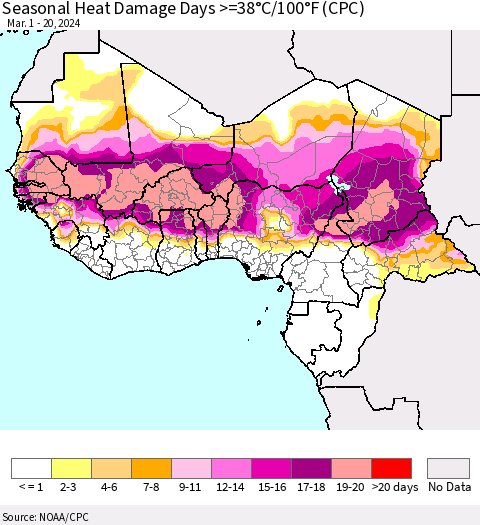 Western Africa Seasonal Heat Damage Days >=38°C/100°F (CPC) Thematic Map For 3/1/2024 - 3/20/2024