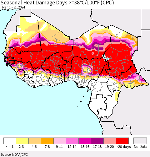 Western Africa Seasonal Heat Damage Days >=38°C/100°F (CPC) Thematic Map For 3/1/2024 - 3/31/2024