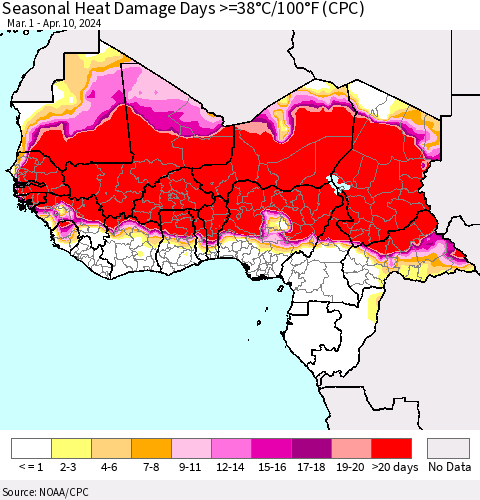 Western Africa Seasonal Heat Damage Days >=38°C/100°F (CPC) Thematic Map For 3/1/2024 - 4/10/2024