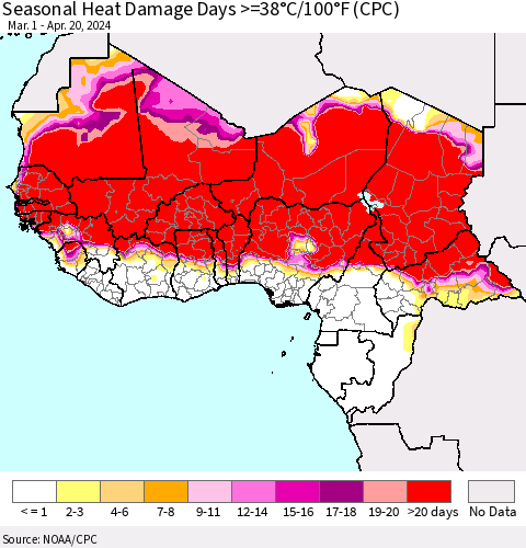 Western Africa Seasonal Heat Damage Days >=38°C/100°F (CPC) Thematic Map For 3/1/2024 - 4/20/2024