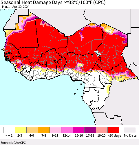 Western Africa Seasonal Heat Damage Days >=38°C/100°F (CPC) Thematic Map For 3/1/2024 - 4/30/2024