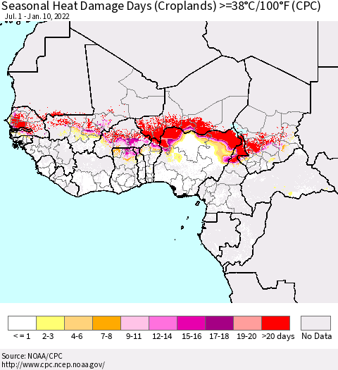 Western Africa Seasonal Heat Damage Days (Croplands) >=38°C/100°F (CPC) Thematic Map For 7/1/2021 - 1/10/2022