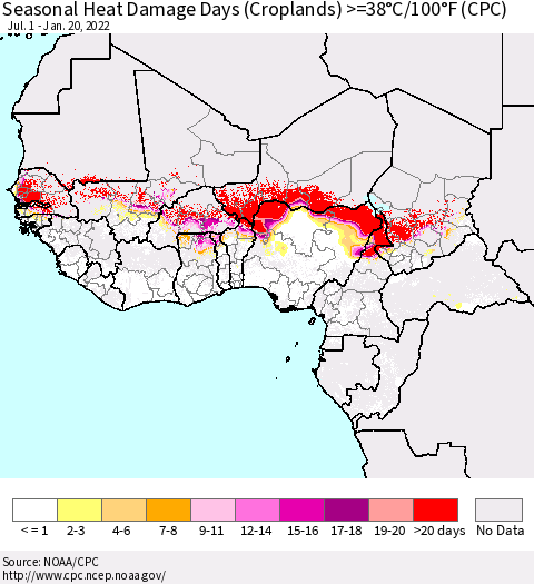Western Africa Seasonal Heat Damage Days (Croplands) >=38°C/100°F (CPC) Thematic Map For 7/1/2021 - 1/20/2022