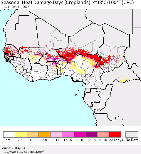 Western Africa Seasonal Heat Damage Days (Croplands) >=38°C/100°F (CPC) Thematic Map For 7/1/2021 - 2/10/2022
