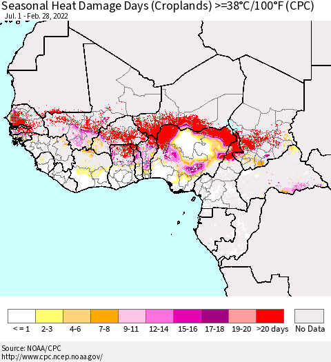 Western Africa Seasonal Heat Damage Days (Croplands) >=38°C/100°F (CPC) Thematic Map For 7/1/2021 - 2/28/2022