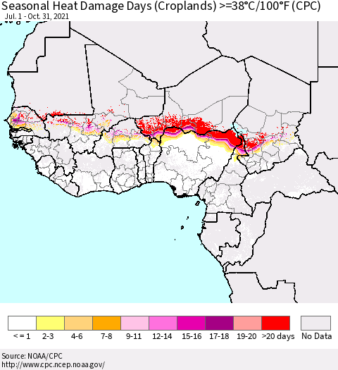 Western Africa Seasonal Heat Damage Days (Croplands) >=38°C/100°F (CPC) Thematic Map For 7/1/2021 - 10/31/2021