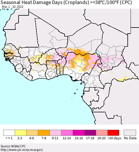 Western Africa Seasonal Heat Damage Days (Croplands) >=38°C/100°F (CPC) Thematic Map For 3/1/2022 - 3/10/2022
