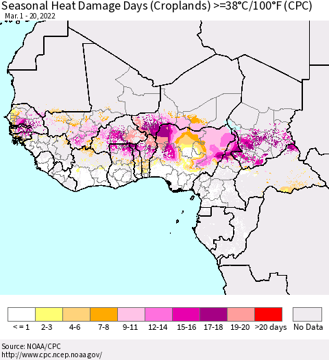Western Africa Seasonal Heat Damage Days (Croplands) >=38°C/100°F (CPC) Thematic Map For 3/1/2022 - 3/20/2022