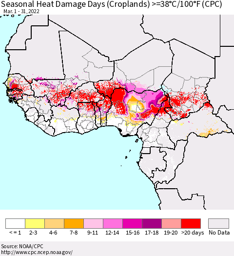 Western Africa Seasonal Heat Damage Days (Croplands) >=38°C/100°F (CPC) Thematic Map For 3/1/2022 - 3/31/2022