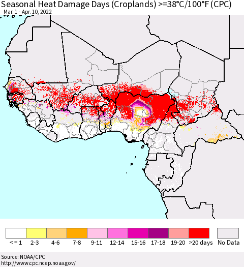Western Africa Seasonal Heat Damage Days (Croplands) >=38°C/100°F (CPC) Thematic Map For 3/1/2022 - 4/10/2022