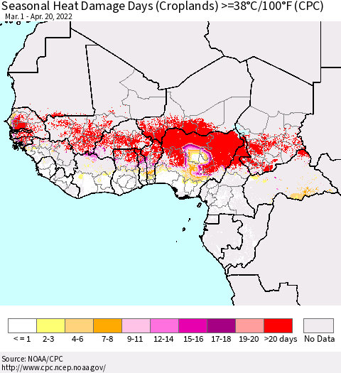Western Africa Seasonal Heat Damage Days (Croplands) >=38°C/100°F (CPC) Thematic Map For 3/1/2022 - 4/20/2022