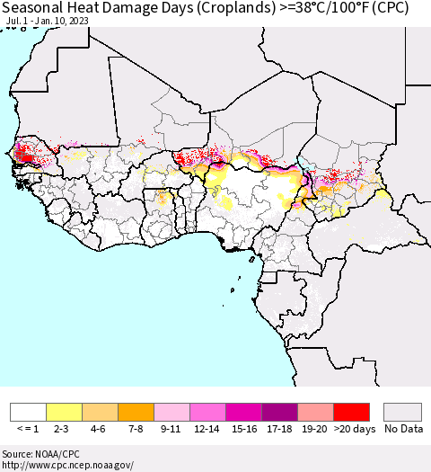 Western Africa Seasonal Heat Damage Days (Croplands) >=38°C/100°F (CPC) Thematic Map For 7/1/2022 - 1/10/2023