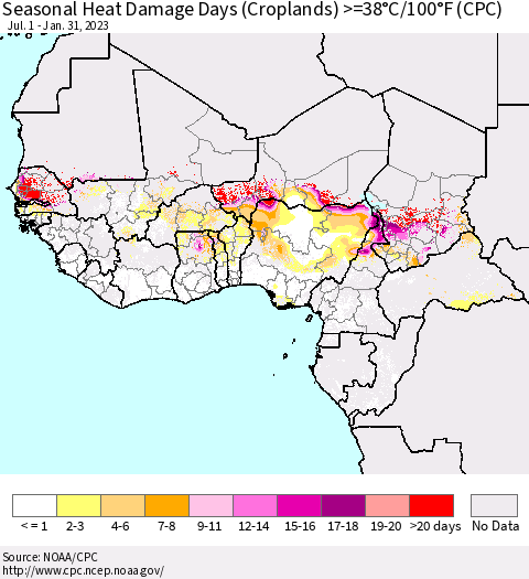 Western Africa Seasonal Heat Damage Days (Croplands) >=38°C/100°F (CPC) Thematic Map For 7/1/2022 - 1/31/2023