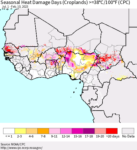 Western Africa Seasonal Heat Damage Days (Croplands) >=38°C/100°F (CPC) Thematic Map For 7/1/2022 - 2/10/2023