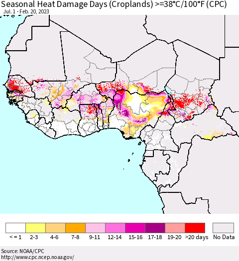 Western Africa Seasonal Heat Damage Days (Croplands) >=38°C/100°F (CPC) Thematic Map For 7/1/2022 - 2/20/2023