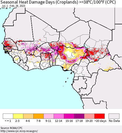Western Africa Seasonal Heat Damage Days (Croplands) >=38°C/100°F (CPC) Thematic Map For 7/1/2022 - 2/28/2023