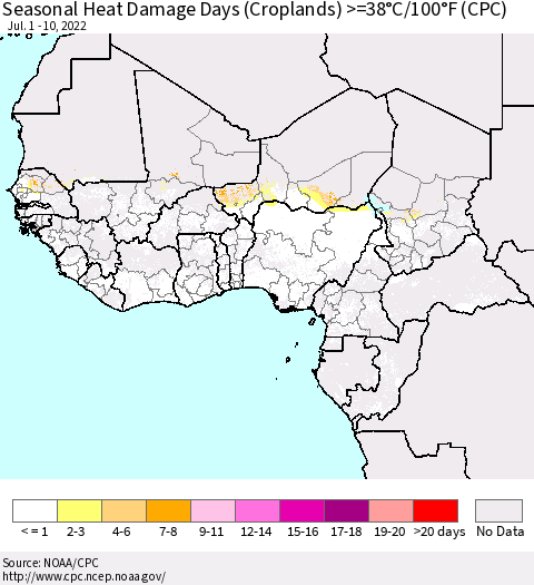 Western Africa Seasonal Heat Damage Days (Croplands) >=38°C/100°F (CPC) Thematic Map For 7/1/2022 - 7/10/2022
