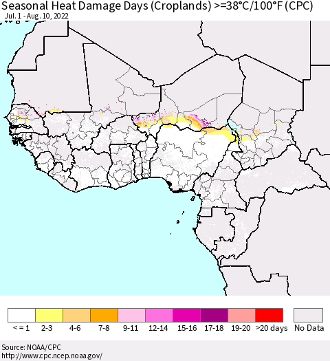 Western Africa Seasonal Heat Damage Days (Croplands) >=38°C/100°F (CPC) Thematic Map For 7/1/2022 - 8/10/2022
