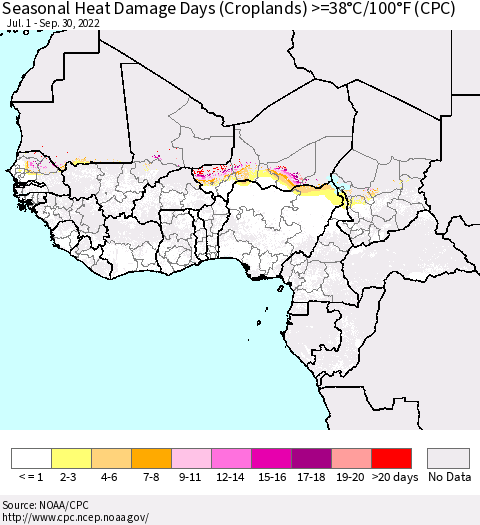 Western Africa Seasonal Heat Damage Days (Croplands) >=38°C/100°F (CPC) Thematic Map For 7/1/2022 - 9/30/2022