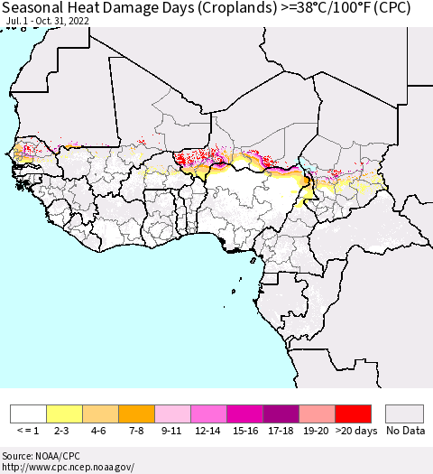 Western Africa Seasonal Heat Damage Days (Croplands) >=38°C/100°F (CPC) Thematic Map For 7/1/2022 - 10/31/2022