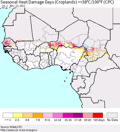 Western Africa Seasonal Heat Damage Days (Croplands) >=38°C/100°F (CPC) Thematic Map For 7/1/2022 - 11/10/2022