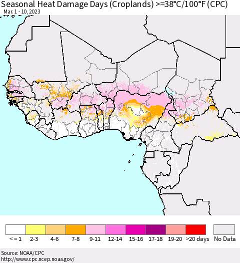 Western Africa Seasonal Heat Damage Days (Croplands) >=38°C/100°F (CPC) Thematic Map For 3/1/2023 - 3/10/2023