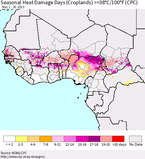 Western Africa Seasonal Heat Damage Days (Croplands) >=38°C/100°F (CPC) Thematic Map For 3/1/2023 - 3/20/2023