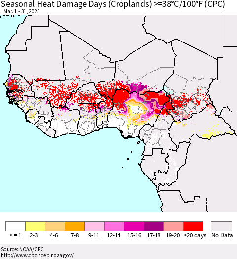 Western Africa Seasonal Heat Damage Days (Croplands) >=38°C/100°F (CPC) Thematic Map For 3/1/2023 - 3/31/2023