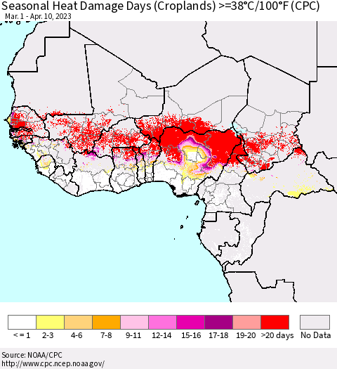 Western Africa Seasonal Heat Damage Days (Croplands) >=38°C/100°F (CPC) Thematic Map For 3/1/2023 - 4/10/2023