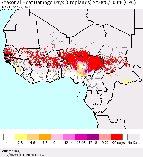 Western Africa Seasonal Heat Damage Days (Croplands) >=38°C/100°F (CPC) Thematic Map For 3/1/2023 - 4/20/2023