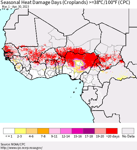 Western Africa Seasonal Heat Damage Days (Croplands) >=38°C/100°F (CPC) Thematic Map For 3/1/2023 - 4/30/2023