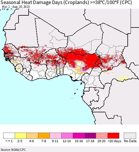 Western Africa Seasonal Heat Damage Days (Croplands) >=38°C/100°F (CPC) Thematic Map For 3/1/2023 - 8/20/2023