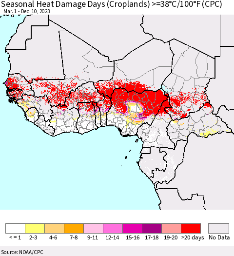 Western Africa Seasonal Heat Damage Days (Croplands) >=38°C/100°F (CPC) Thematic Map For 3/1/2023 - 12/10/2023