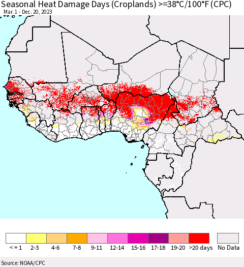 Western Africa Seasonal Heat Damage Days (Croplands) >=38°C/100°F (CPC) Thematic Map For 3/1/2023 - 12/20/2023