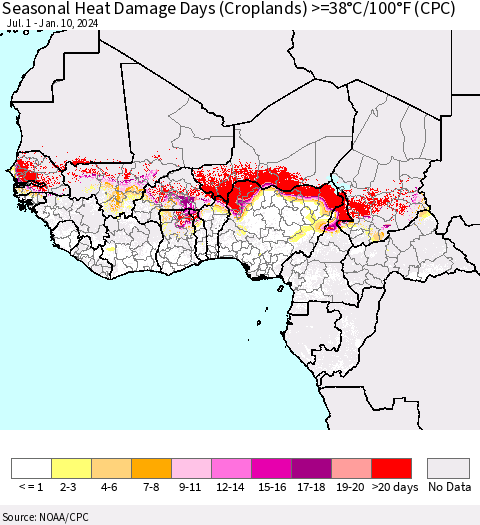 Western Africa Seasonal Heat Damage Days (Croplands) >=38°C/100°F (CPC) Thematic Map For 7/1/2023 - 1/10/2024