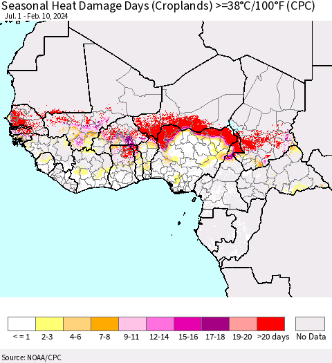 Western Africa Seasonal Heat Damage Days (Croplands) >=38°C/100°F (CPC) Thematic Map For 7/1/2023 - 2/10/2024